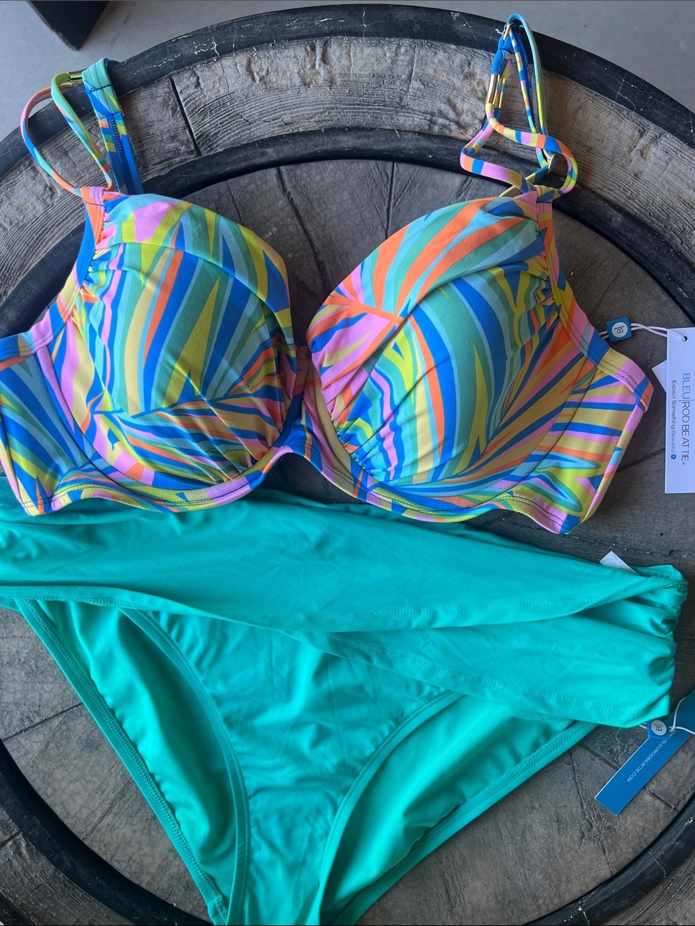 Beautiful Bleu Rod Beattie Multi-Color Striped Padded Bikini Top Teal Bottoms
